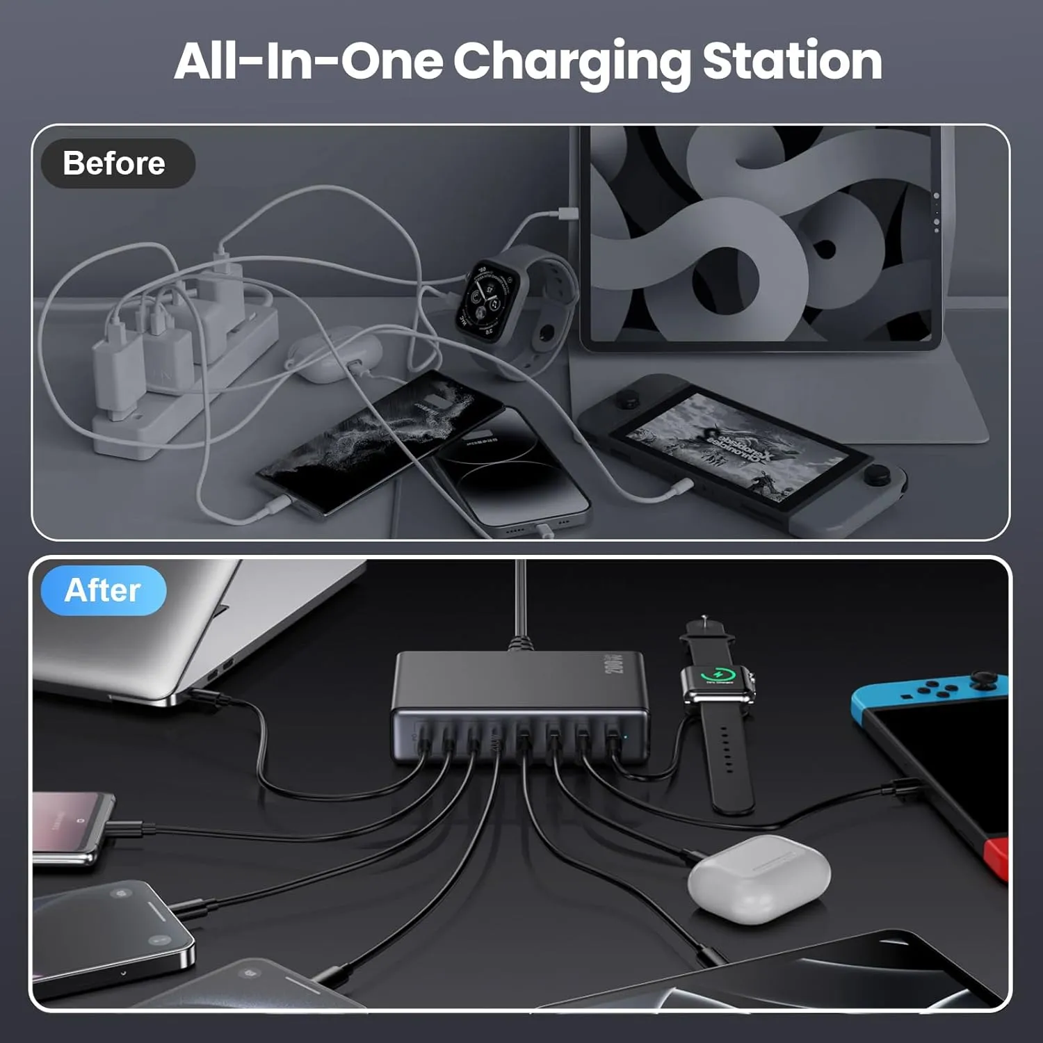 200W USB C Charger Block,GaN IV Charging Station 8 Ports,QC4.0 Fast Charging Station Hub PD 65W USB C Laptop Charger Adapter Compatible with MacBook Air/Pro,DELL,iPhone 16/15,iPad,Steam Deck-Black