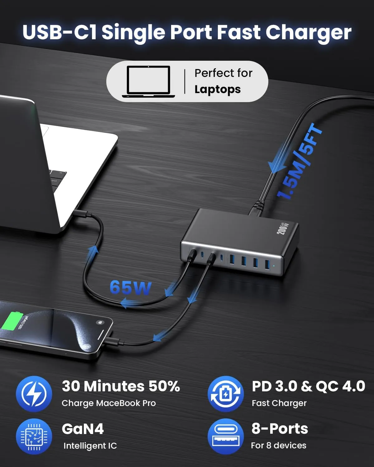200W USB C Charger Block,GaN IV Charging Station 8 Ports,QC4.0 Fast Charging Station Hub PD 65W USB C Laptop Charger Adapter Compatible with MacBook Air/Pro,DELL,iPhone 16/15,iPad,Steam Deck-Black