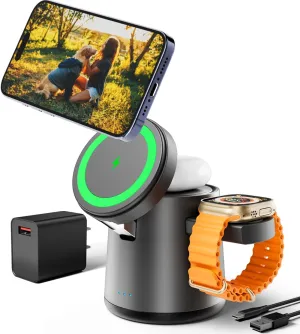 2025 Upgrade 3 in 1 Charging Station for Apple MagSafe Charger, Adjustable Portable Wireless Charging Stand, Fast Wireless Charger Dock for iPhone 16 15 14 13 12 Pro Max & Apple Watch AirPods (Gray)