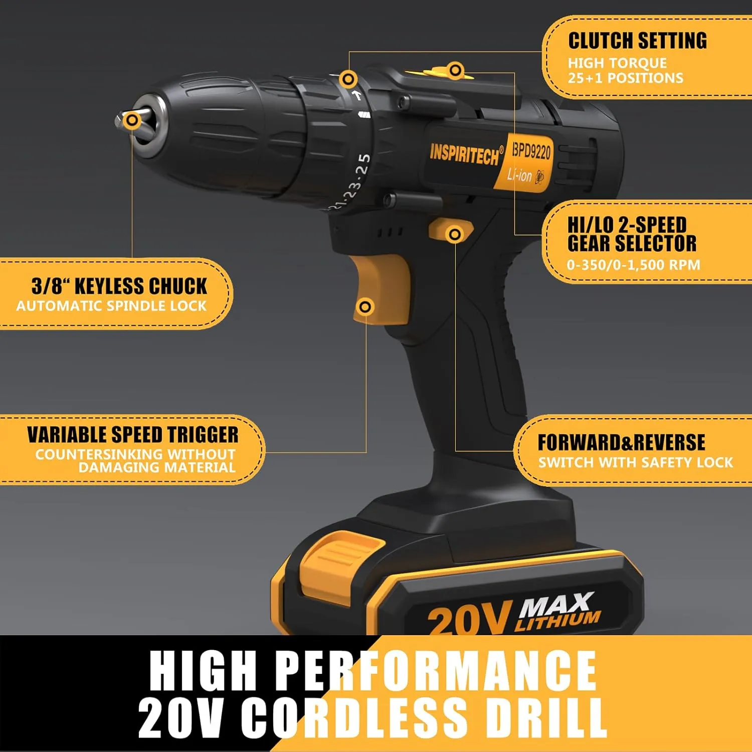 20V Cordless Drill, Power Drill Set with 2 Batteries and Charger,3/8-Inch Chuck Electric Drill Kit with 24-Torque Setting, Drill Driver Bits and Tool Bag Included…