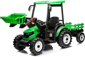 24V Kids Ride on Tractor with Trailer & Front Loader, 3 In1 Tractor 4-Gearbox 24volt Dual Motors Metal Frame, 24V Ride on Toys for Big Kids, Power Wheels Kids Electric Vehicles (Green)