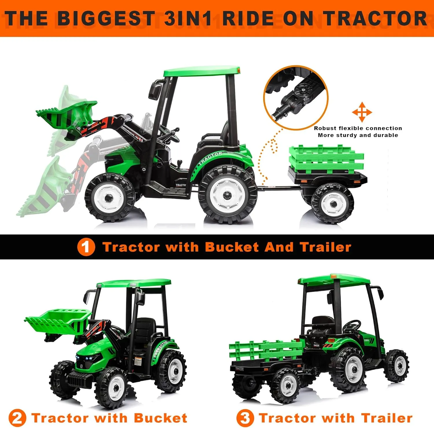 24V Kids Ride on Tractor with Trailer & Front Loader, 3 In1 Tractor 4-Gearbox 24volt Dual Motors Metal Frame, 24V Ride on Toys for Big Kids, Power Wheels Kids Electric Vehicles (Green)