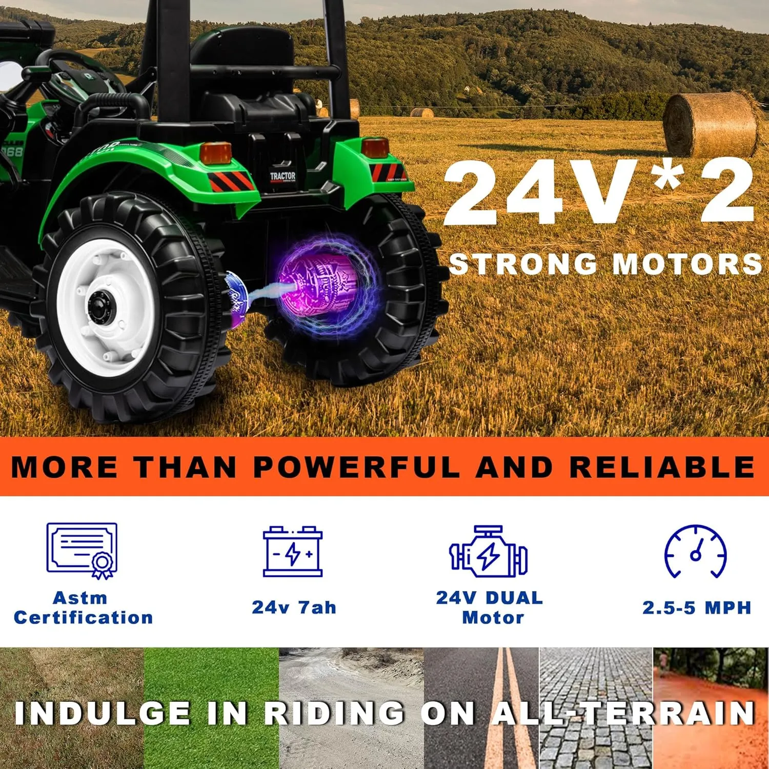 24V Kids Ride on Tractor with Trailer & Front Loader, 3 In1 Tractor 4-Gearbox 24volt Dual Motors Metal Frame, 24V Ride on Toys for Big Kids, Power Wheels Kids Electric Vehicles (Green)