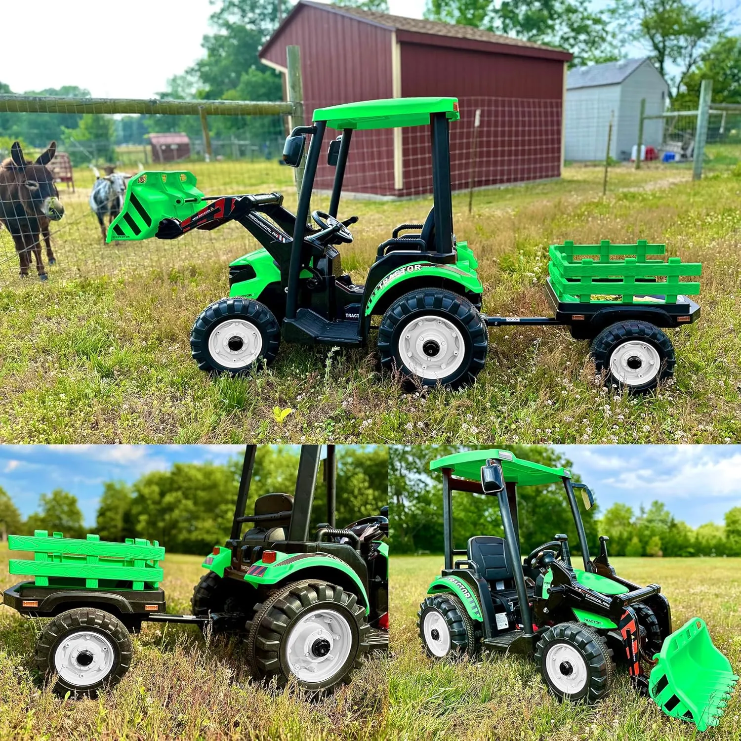 24V Kids Ride on Tractor with Trailer & Front Loader, 3 In1 Tractor 4-Gearbox 24volt Dual Motors Metal Frame, 24V Ride on Toys for Big Kids, Power Wheels Kids Electric Vehicles (Green)