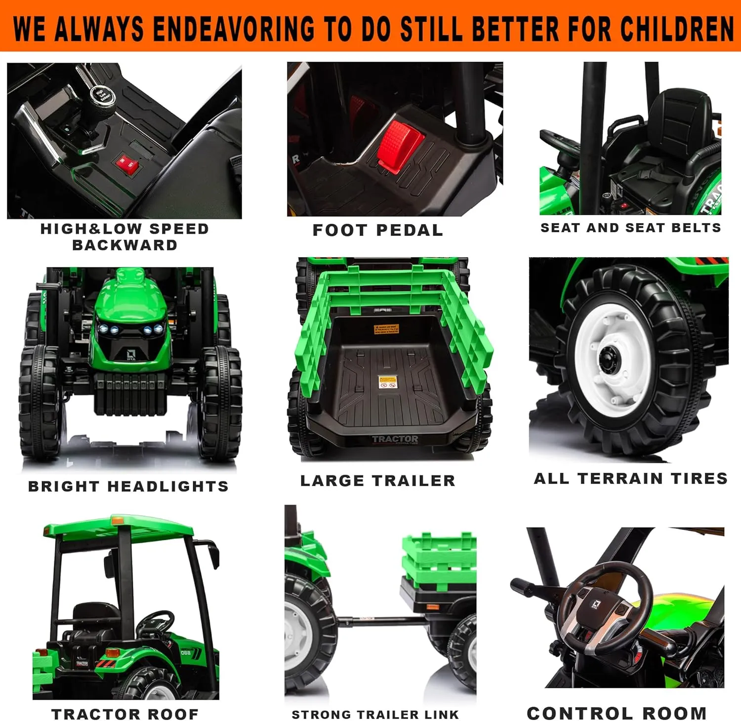 24V Kids Ride on Tractor with Trailer & Front Loader, 3 In1 Tractor 4-Gearbox 24volt Dual Motors Metal Frame, 24V Ride on Toys for Big Kids, Power Wheels Kids Electric Vehicles (Green)
