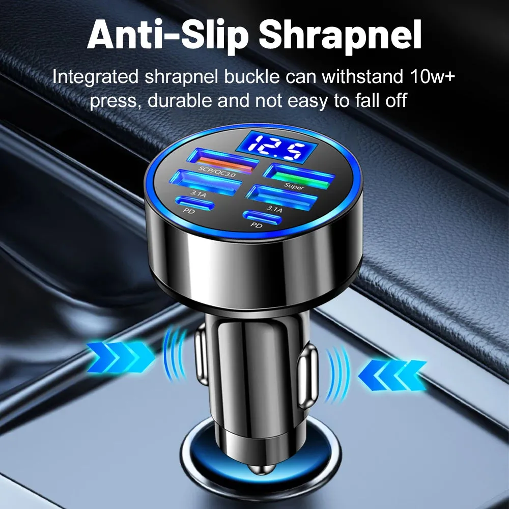 250W LED Car Charger - 5 Ports Fast Charge PD QC3.0/USB C