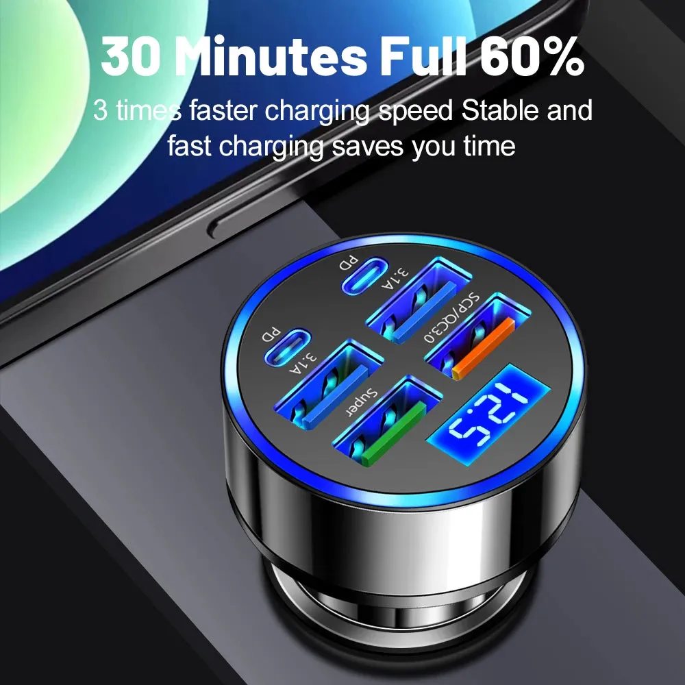 250W LED Car Charger - 5 Ports Fast Charge PD QC3.0/USB C