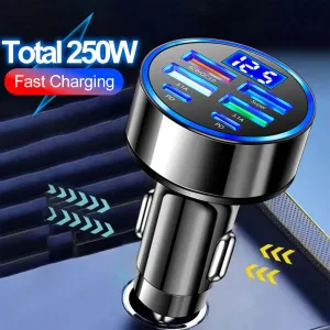 250W LED Car Charger - 5 Ports Fast Charge PD QC3.0/USB C