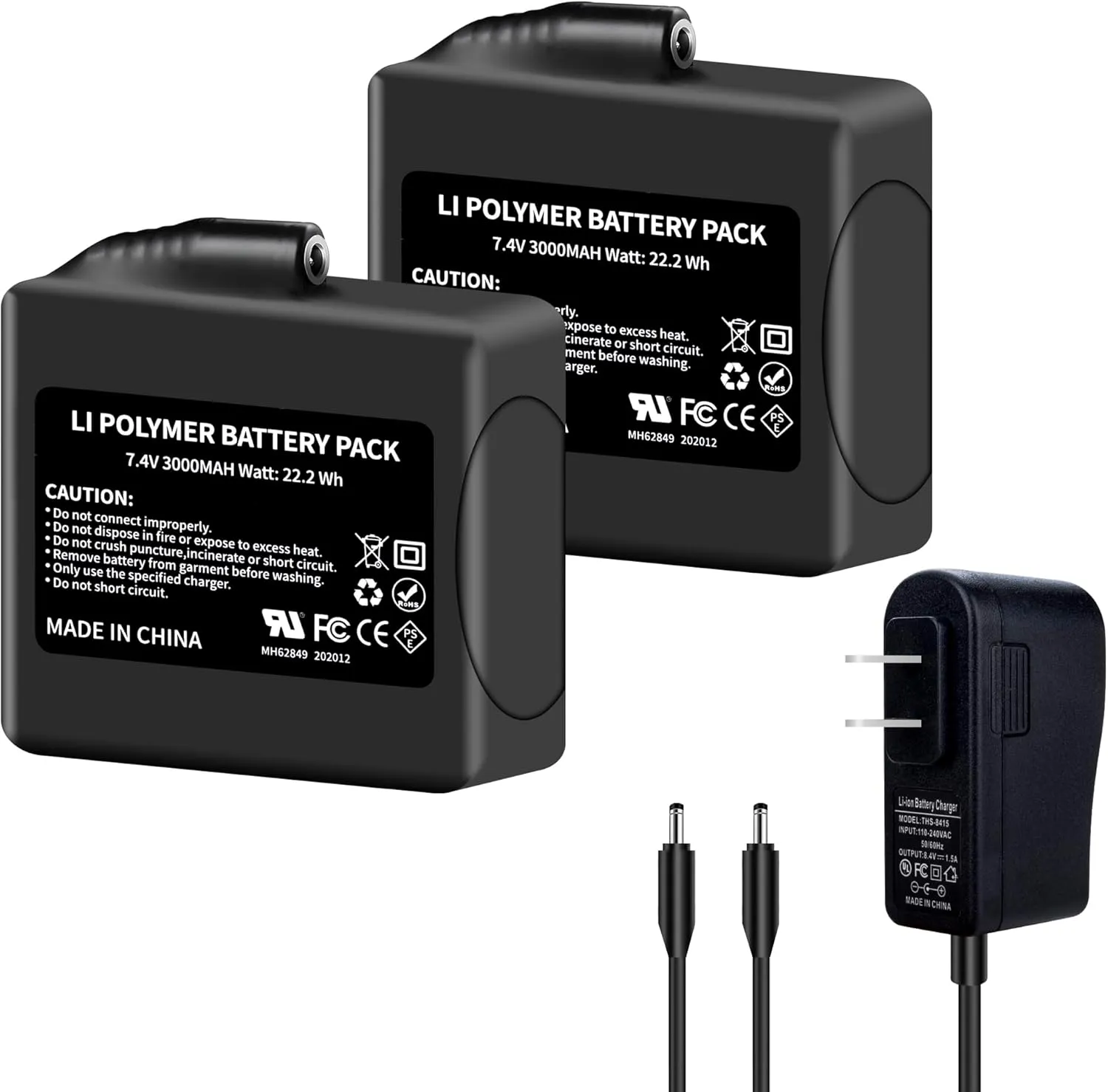 2Pack 3000mAh Lithium-ion Battery Pack for Heated Gloves, Socks, Hats, Mittens, Vest, Jacket, Hand Muff, Boots, Hat, Knee Braces Suit battery Pack Upgraded Version 7.4V 3000mAh Battery Rechargeable