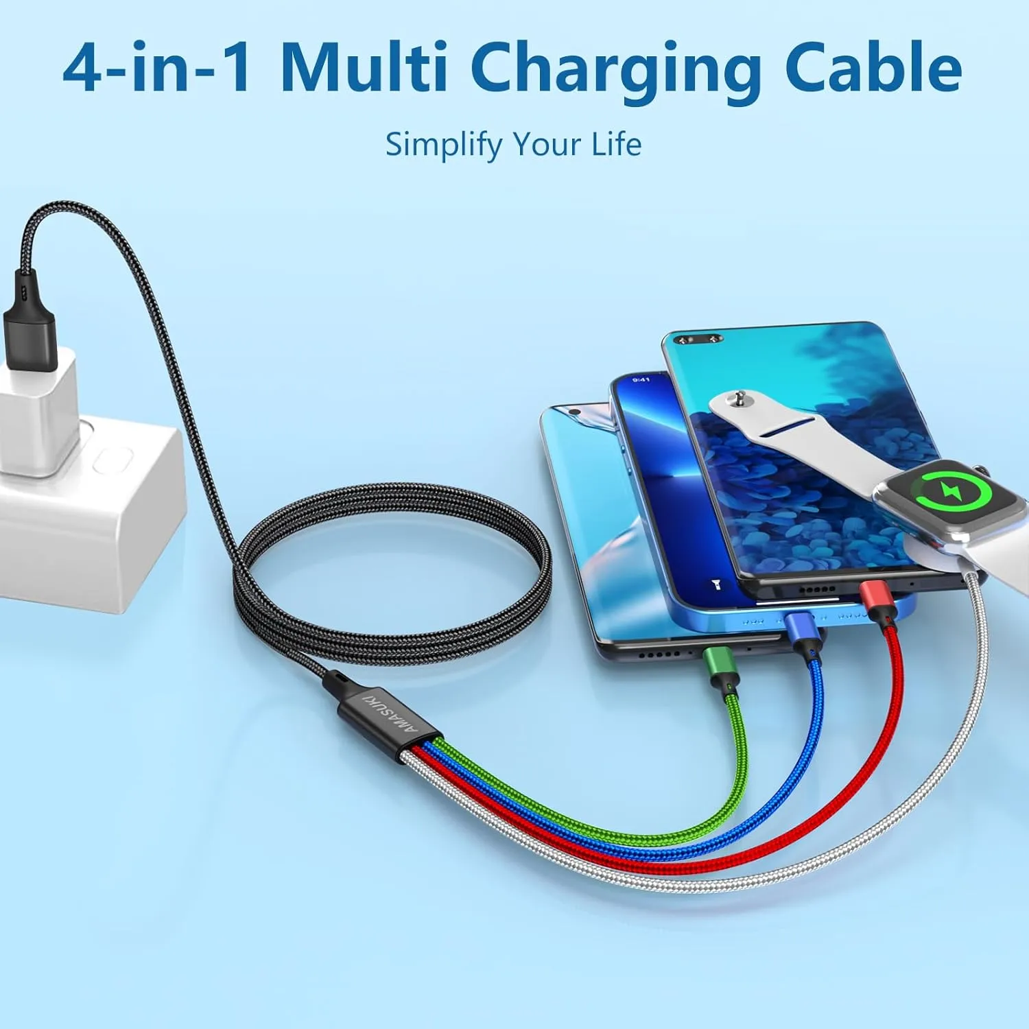 2Pack Multi Charging Cable for Apple Watch Charger USB Magnetic Charger Nylon Braided USB C/L/Micro Port Compatible with iWatch Series 10-1/iPhone 16/15/Galaxy Android-4FT