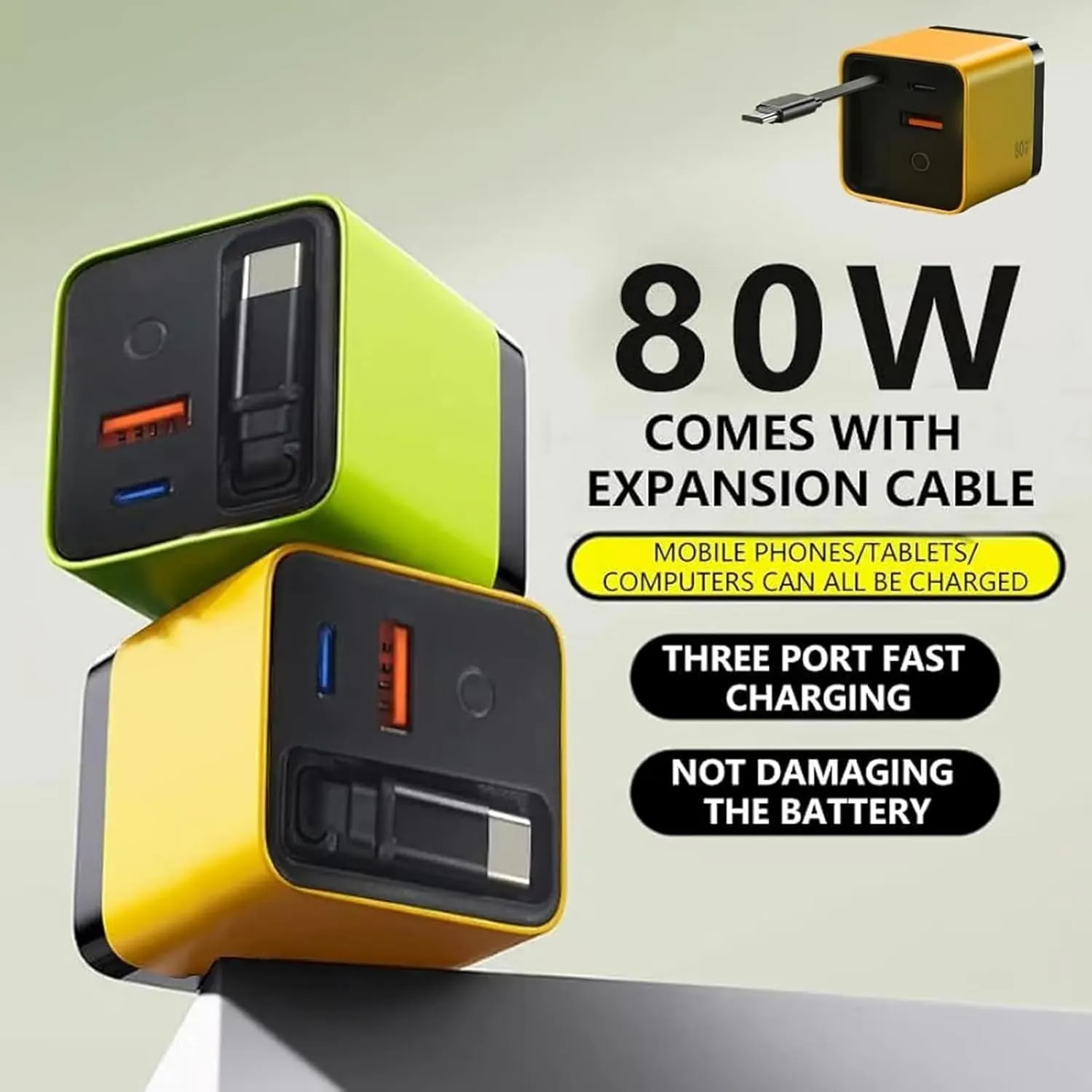 3 in 1 Charger, Scalable 80w Max Fast Charger Module with Type C Cable and 2 USB Ports, Retractable Phone Charger Wall Plug, 2025 for iPhone, Phone and Laptops (Yellow)