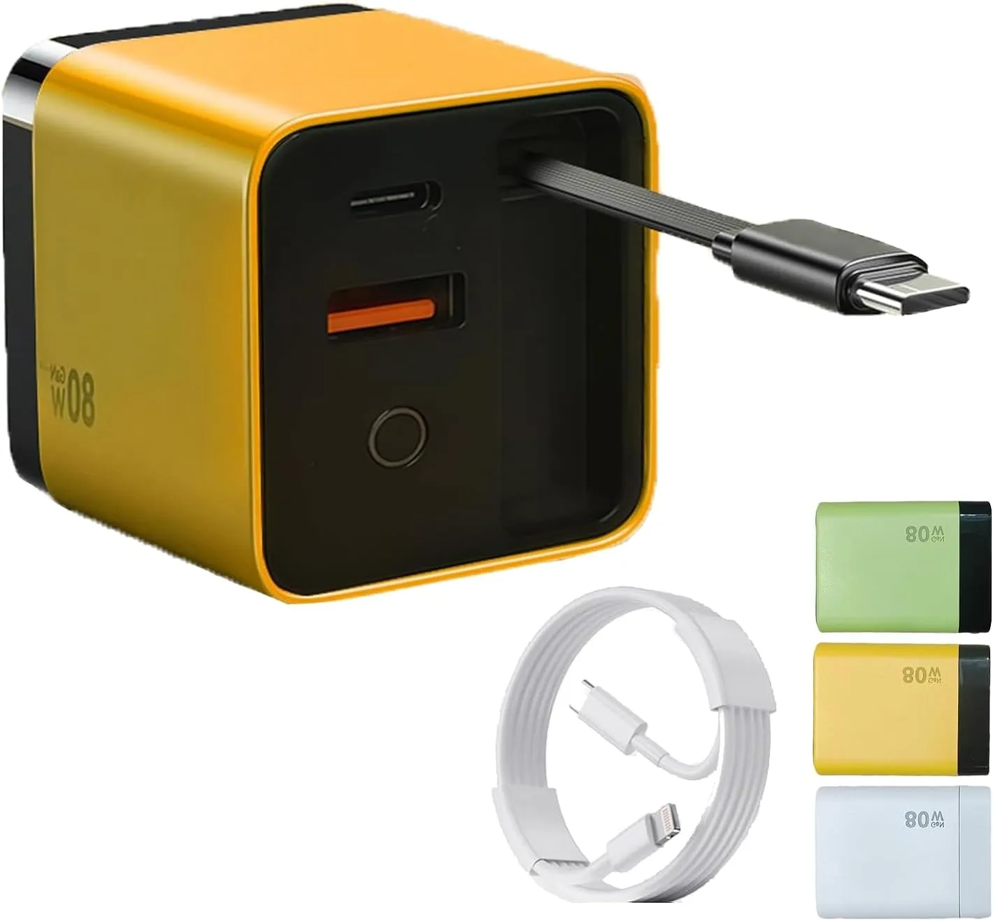 3 in 1 Charger, Scalable 80w Max Fast Charger Module with Type C Cable and 2 USB Ports, Retractable Phone Charger Wall Plug, 2025 for iPhone, Phone and Laptops (Yellow)