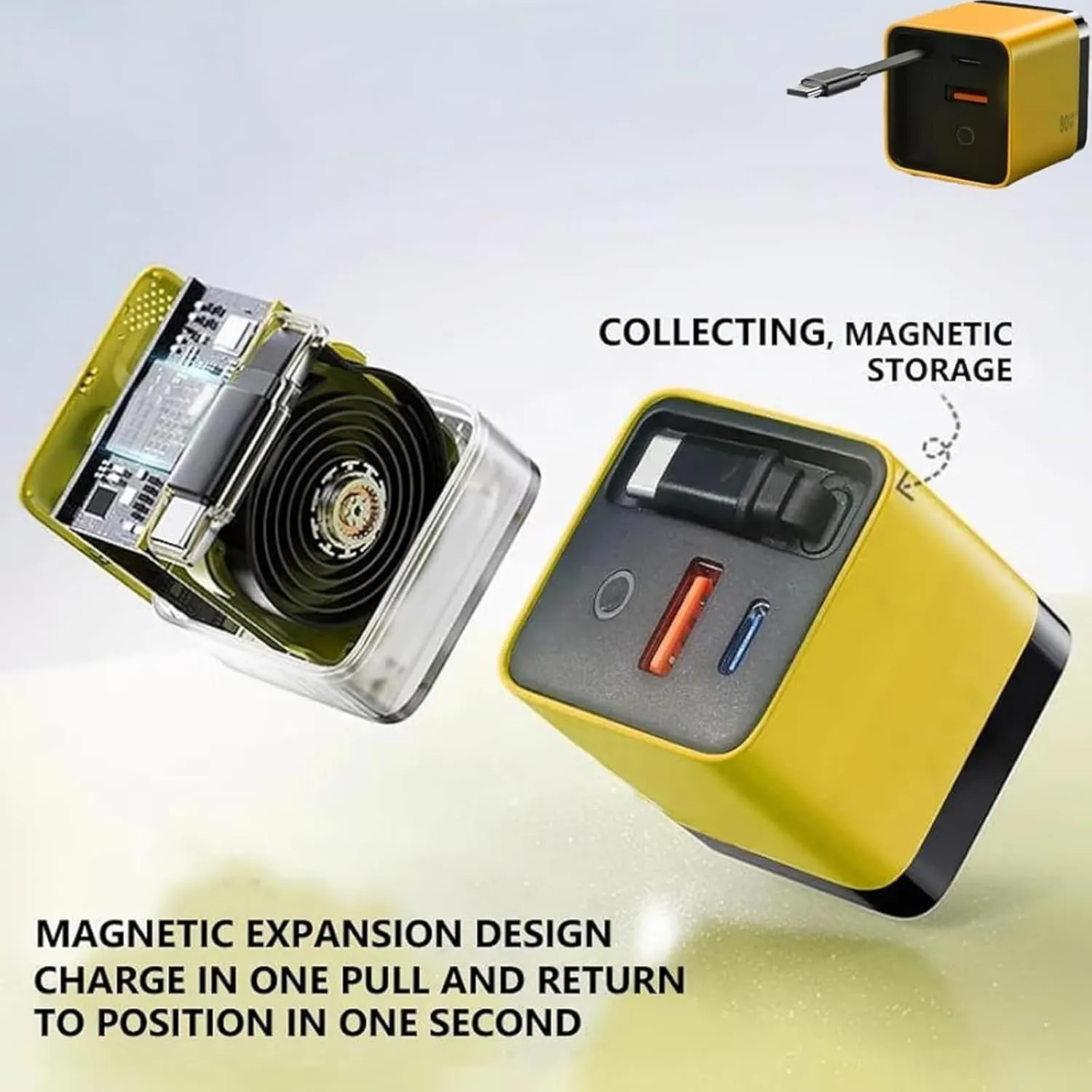 3 in 1 Charger, Scalable 80w Max Fast Charger Module with Type C Cable and 2 USB Ports, Retractable Phone Charger Wall Plug, 2025 for iPhone, Phone and Laptops (Yellow)