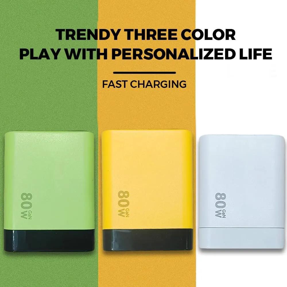 3 in 1 GaN Charger, 2025 Retractable Phone Charger Wall Plug with Type C Cable and 2 USB Ports, Scalable 80w Max Fast Charging Module for iPhone, Phone, Laptops (White Yellow，2pcs)
