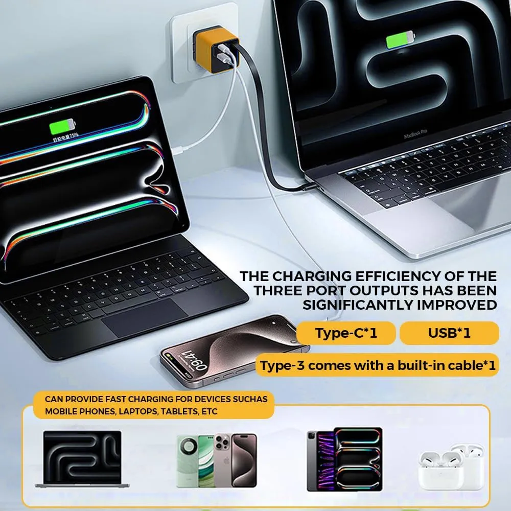 3 in 1 GaN Charger, 2025 Retractable Phone Charger Wall Plug with Type C Cable and 2 USB Ports, Scalable 80w Max Fast Charging Module for iPhone, Phone, Laptops (White Yellow，2pcs)