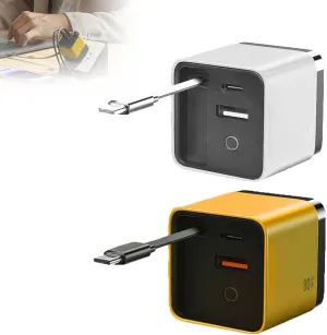 3 in 1 GaN Charger, 2025 Retractable Phone Charger Wall Plug with Type C Cable and 2 USB Ports, Scalable 80w Max Fast Charging Module for iPhone, Phone, Laptops (White Yellow，2pcs)