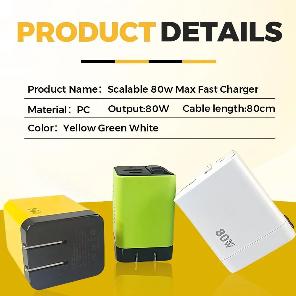 3 in 1 GaN Charger, 2025 Retractable Phone Charger Wall Plug with Type C Cable and 2 USB Ports, Scalable 80w Max Fast Charging Module for iPhone, Phone, Laptops (White Yellow，2pcs)