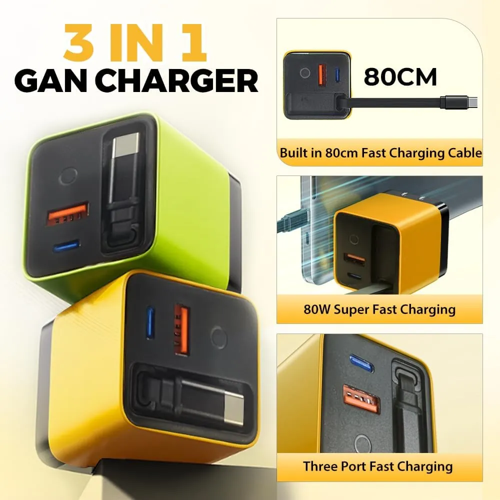 3 in 1 GaN Charger, 2025 Retractable Phone Charger Wall Plug with Type C Cable and 2 USB Ports, Scalable 80w Max Fast Charging Module for iPhone, Phone, Laptops (White Yellow，2pcs)