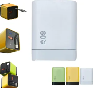 3 in 1 Gan Charger, 80 Watt Charger, Retractable 80 Watt All in One Chargers for iPhone, Phone and Laptops (White)