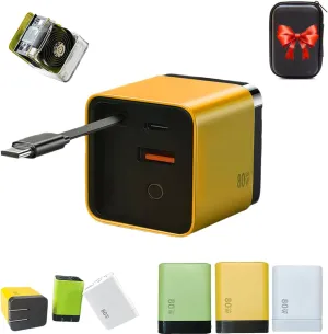 3 in 1 Gan Charger, 80 Watt Charger, Scalable 80w Max Fast Charger Module with Type-C Cable and 2 USB Ports, Built-in 80cm Retractable Long Data Cable for iPhone, Phone and Laptops (Yellow)