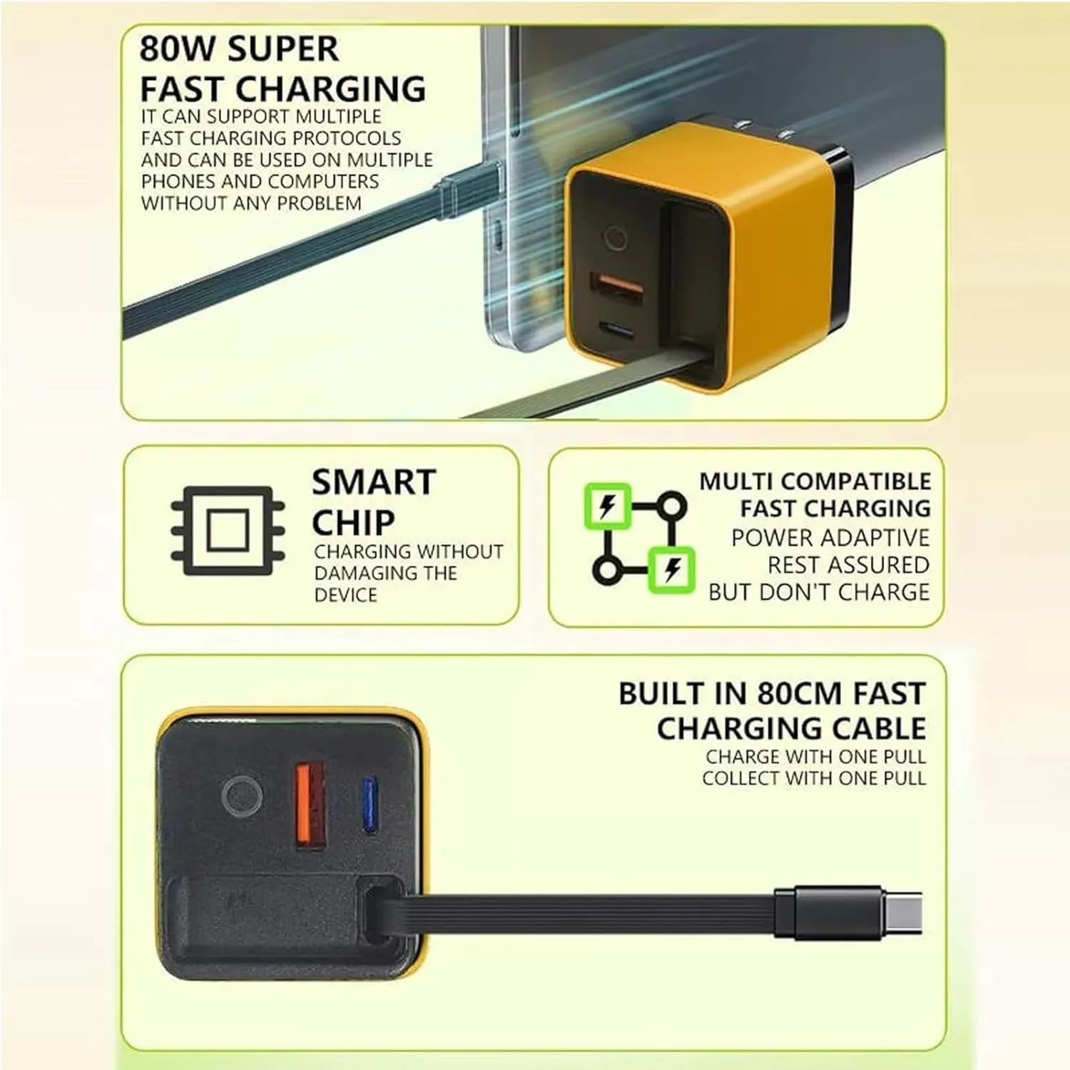 3 in 1 Gan Charger, Scalable 80w Max Fast Charger Module with Type-C Cable and 2 USB Ports, 80 Watt All in One Charger Retractable, Retractable Charger Block for iPhone, Phone and Laptops(Yellow Green