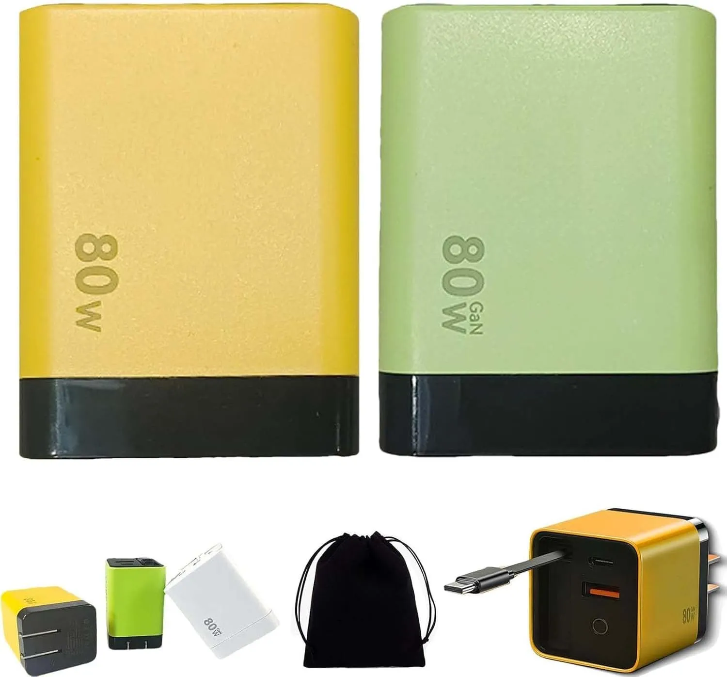 3 in 1 Gan Charger, Scalable 80w Max Fast Charger Module with Type-C Cable and 2 USB Ports, 80 Watt All in One Charger Retractable, Retractable Charger Block for iPhone, Phone and Laptops(Yellow Green