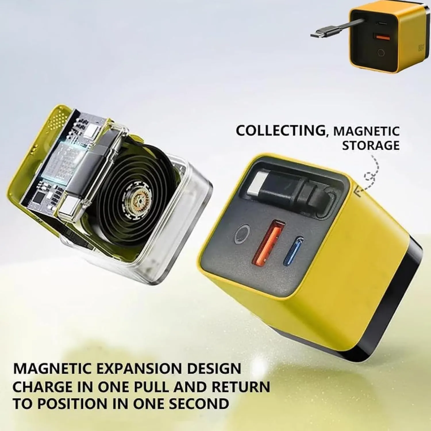 3 in 1 Gan Charger, Scalable 80w Max Fast Charger Module with Type-C Cable and 2 USB Ports, 80 Watt All in One Charger Retractable, Retractable Charger Block for iPhone, Phone and Laptops(Yellow Green