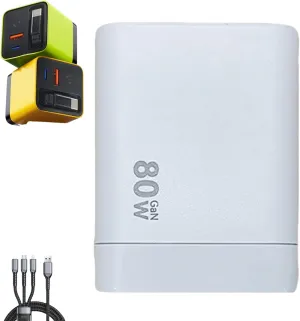 3 in 1 Gan Charger — Scalable 80w Max Fast Charger Module with Type-C Cable and 2 USB Ports — Retractable Portable 80 Watt All in One Chargers (White)