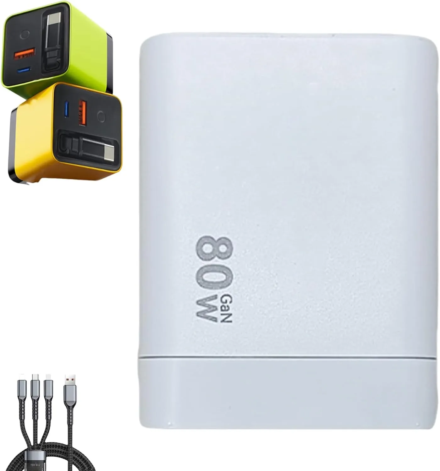 3 in 1 Gan Charger — Scalable 80w Max Fast Charger Module with Type-C Cable and 2 USB Ports — Retractable Portable 80 Watt All in One Chargers (White)