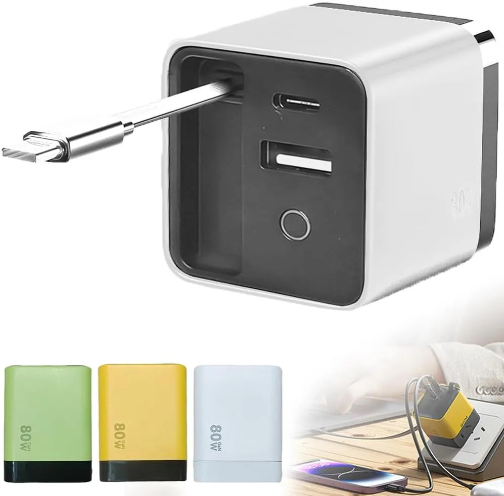 3 in 1 Gan Charger, Scalable 80w Max Fast Chargers Module with Type-C Cable and 2 USB Ports, 80 Watt All in One Charger, 80 Watt Retractable Chargers (White)