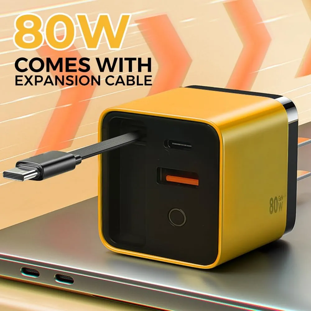 3 in 1 Gan Charger, Scalable 80w Max Fast Chargers Module with Type-C Cable and 2 USB Ports, 80 Watt All in One Charger, 80 Watt Retractable Chargers (White)
