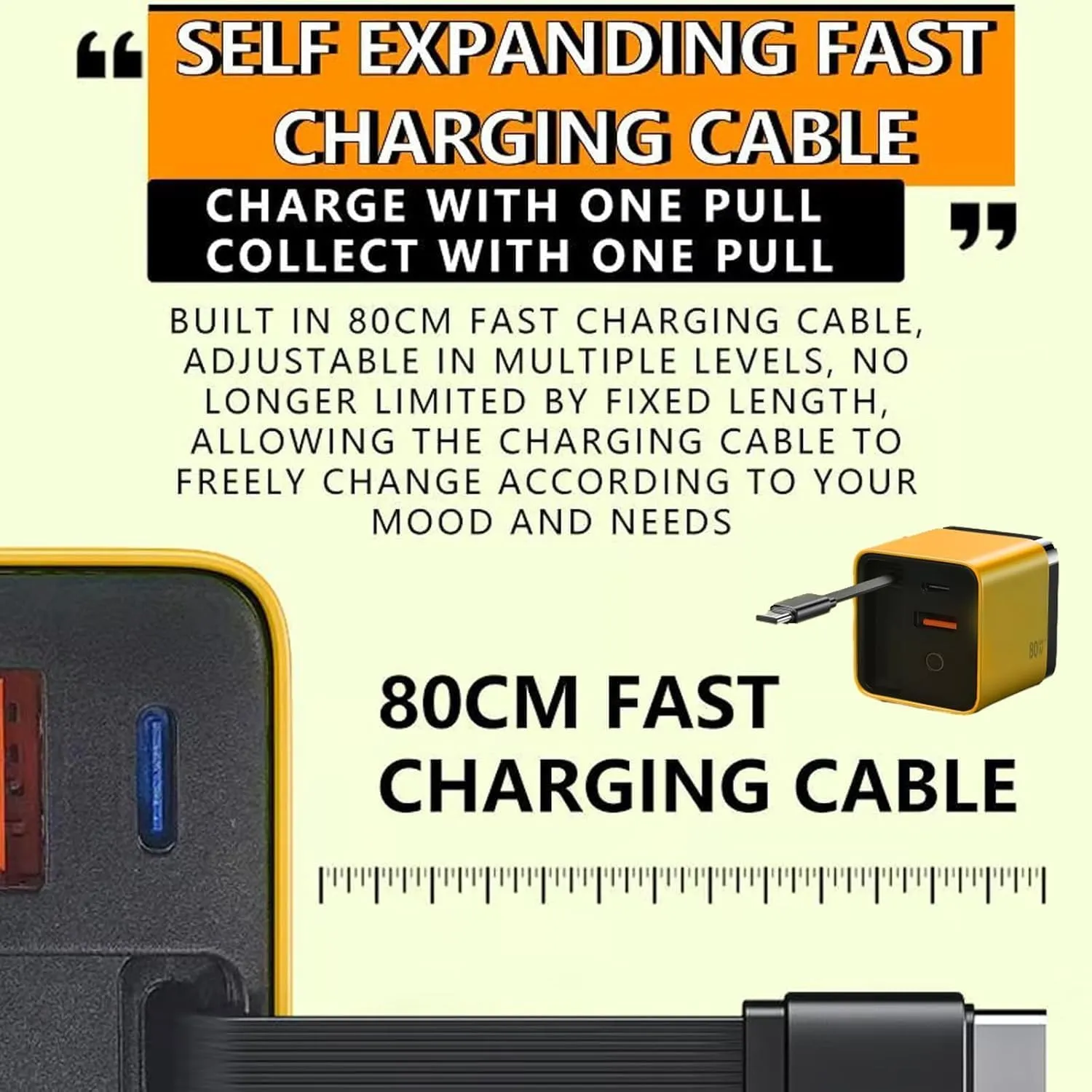 3 in 1 Gan Charger,Scalable 80w Max Fast Charger Module with Type-C Cable and 2 USB Ports, for Cell Phone Tablet Chargers & Power Adapters, Retractable Phone Charger Wall Plug (Yellow)