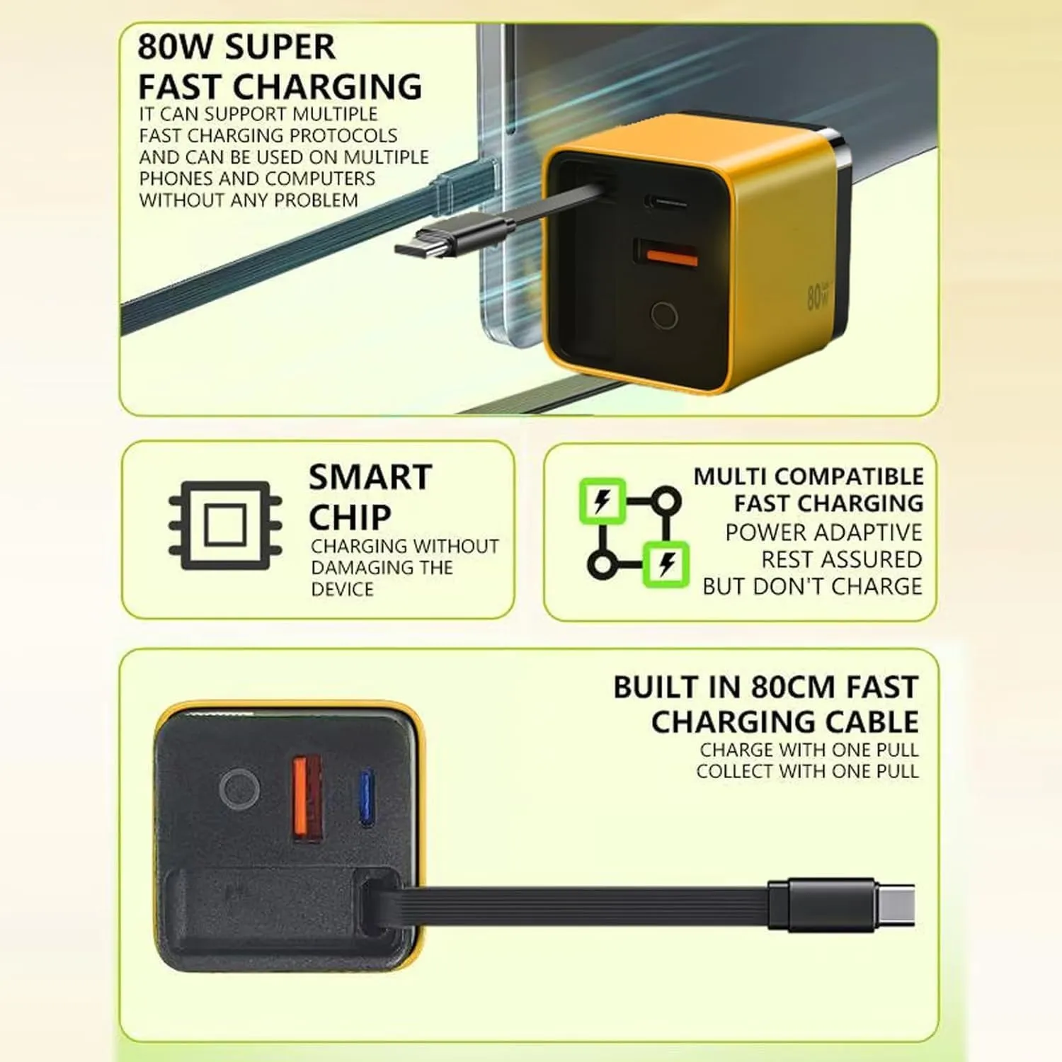 3 in 1 Gan Charger,Scalable 80w Max Fast Charger Module with Type-C Cable and 2 USB Ports, for Cell Phone Tablet Chargers & Power Adapters, Retractable Phone Charger Wall Plug (Yellow)