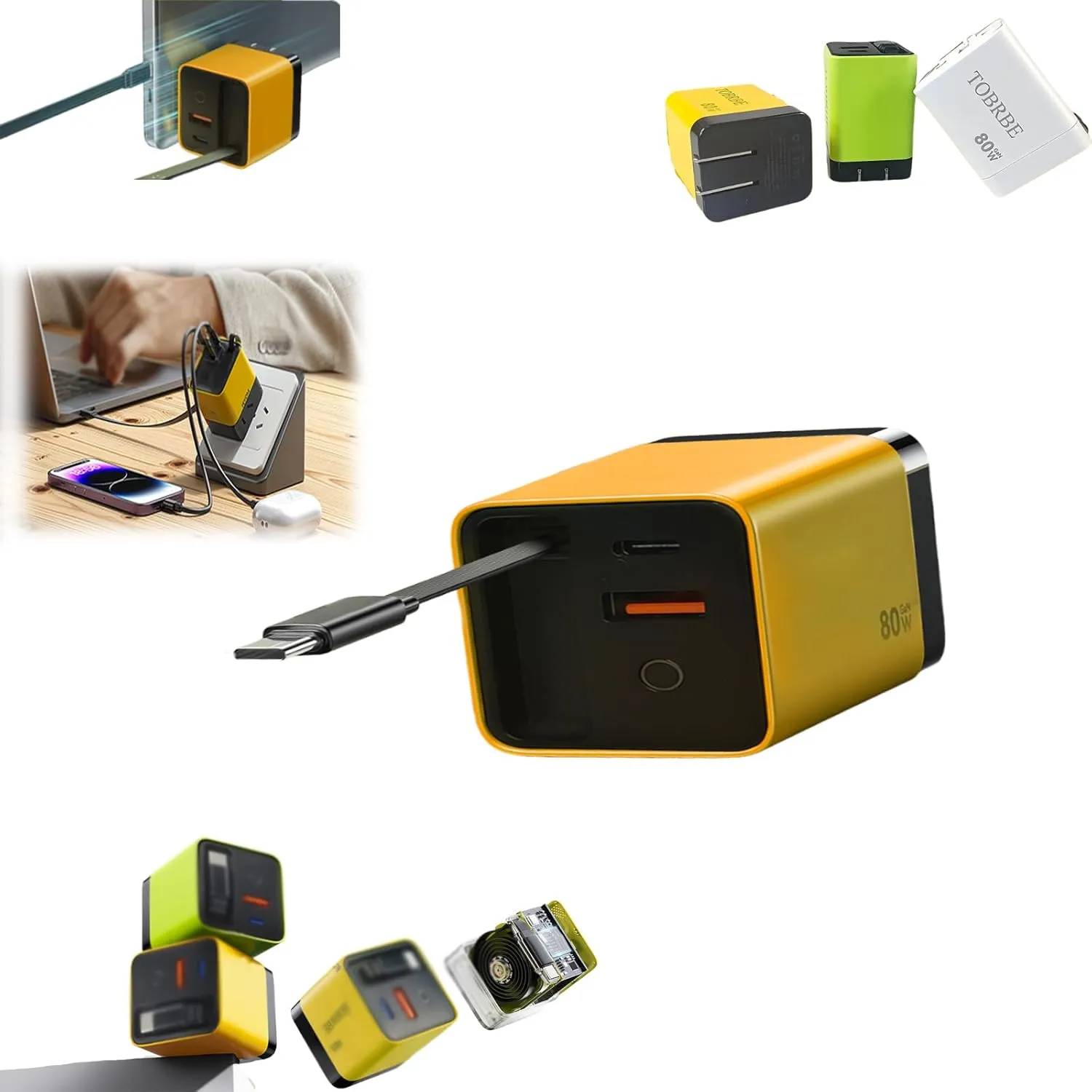 3 in 1 Gan Charger,Scalable 80w Max Fast Charger Module with Type-C Cable and 2 USB Ports, for Cell Phone Tablet Chargers & Power Adapters, Retractable Phone Charger Wall Plug (Yellow)