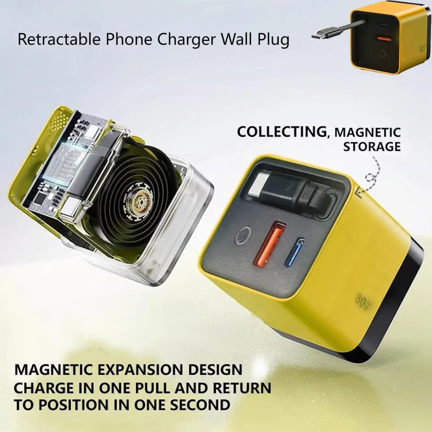 3 in 1 Gan Charger,Scalable 80w Max Fast Charger Module with Type-C Cable and 2 USB Ports, for Cell Phone Tablet Chargers & Power Adapters, Retractable Phone Charger Wall Plug (Yellow)