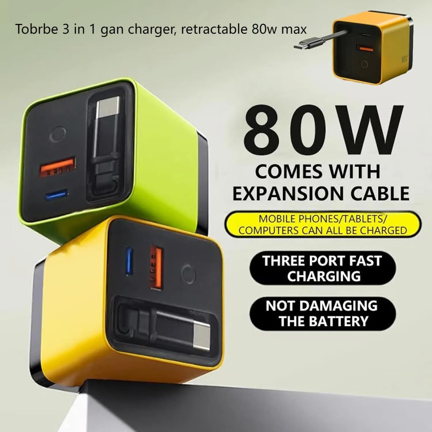 3 in 1 Gan Charger,Scalable 80w Max Fast Charger Module with Type-C Cable and 2 USB Ports, for Cell Phone Tablet Chargers & Power Adapters, Retractable Phone Charger Wall Plug (Yellow)