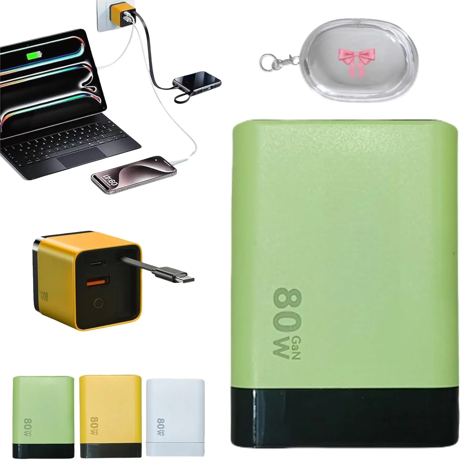 3 in 1 Gan Charger,Scalable 80w Max Fast Charger Module with Type-C Cable and 2 USB Ports, Retractable 80 Watt Charger, 80 Watt All in One Chargers for iPhone, Phone, Laptops (Green)