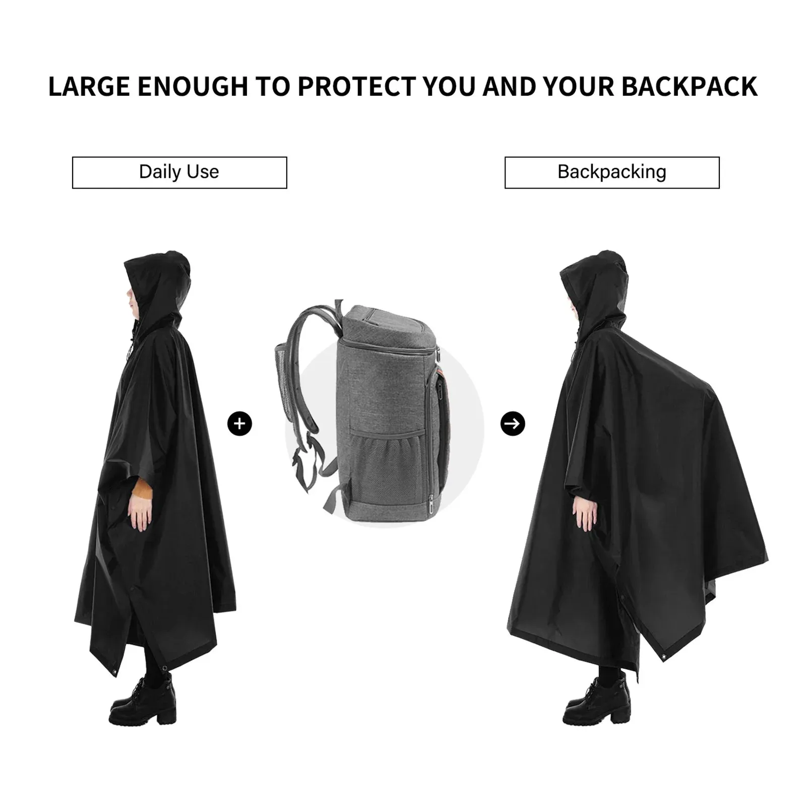 3-in-1 Waterproof Rain Poncho Lightweight Hooded Rain Coat