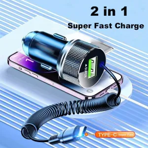 300W USB-C Car Charger with Spring Cable - Super Fast Charging
