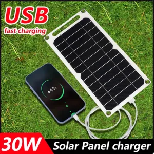 30W Solar Panel USB 5V Charger Kit - Complete Solar System for Mobile Phone, Power Bank, and Watch Charging during Outdoor Hikes