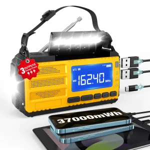 37000mWh Emergency Radio Hand Crank Radio AM FM NOAA Weather Alert Radio Solar Radio 4 Charging Methods 3-Mode Flashlight Reading Lamp SOS Alarm Phone Charger for Emergency Orange