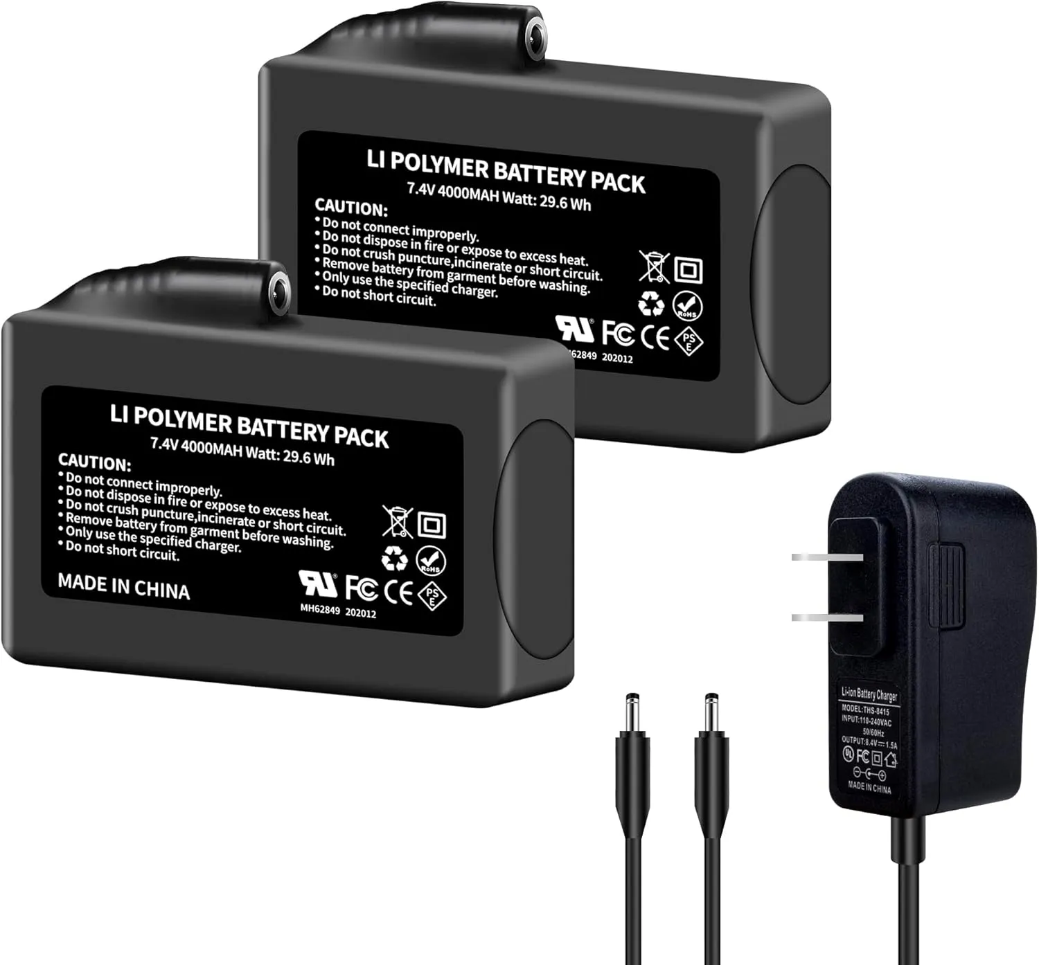 4000mAh 2Pack Lithium-ion Battery Pack for Heated Gloves, Socks, Hats, Mittens, Vest, Jacket, Hand Muff, Boots, Hat, Knee Braces Suit, for Most Winter Garments 7.4V Battery with Charger Power