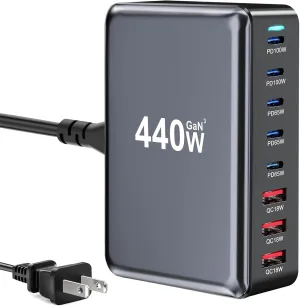 440W Fast USB C GAN Charger Block 8 Port Charging Station HUB Brick Dual PD PPS 100W Wall Charger Compatible with MacBook Pro/Air/All iPad iPhone 16/15/14/13/Pro Max
