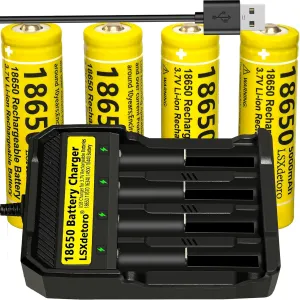 4pcs 1￵8￵6￵5￵0 Rechargeable Batter￵y W￵i￵th 18650 Battery Charger,Universal Smart Charger for 3￵.7V L￵ithium ion Batteries LSXdetoro (4pcs Button Top Batter￵￵y Charger)