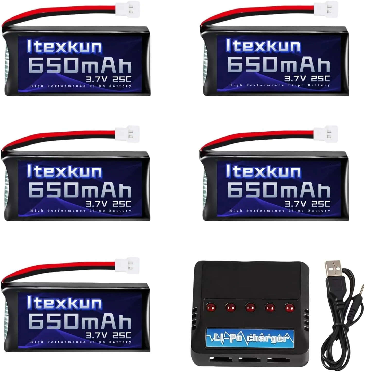 5 Pcs 3.7V 650mAh 25C Molex Plug Lipo Rechargeable Battery with USB 5 in 1 Charger for Syma X5C X5SC X5SW Hengqi 905 Cheerson CX-30 XT Flyer RC Quadcopter Drone