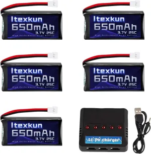 5 Pcs 3.7V 650mAh 25C Molex Plug Lipo Rechargeable Battery with USB 5 in 1 Charger for Syma X5C X5SC X5SW Hengqi 905 Cheerson CX-30 XT Flyer RC Quadcopter Drone