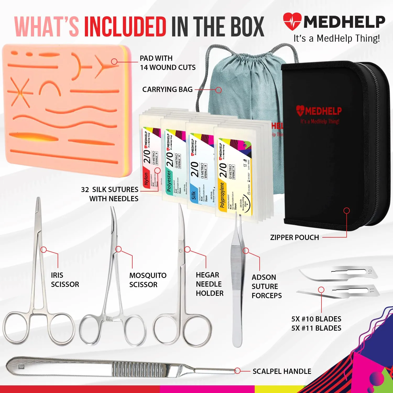 50 PCS Practice Suture Kit for Medical Students - Complete Suture Practice Kit for Surgical Training: Large Silicone Suture Pad, Sterile Sutures Thread with Needle, Dissection Blades, Cary Bag