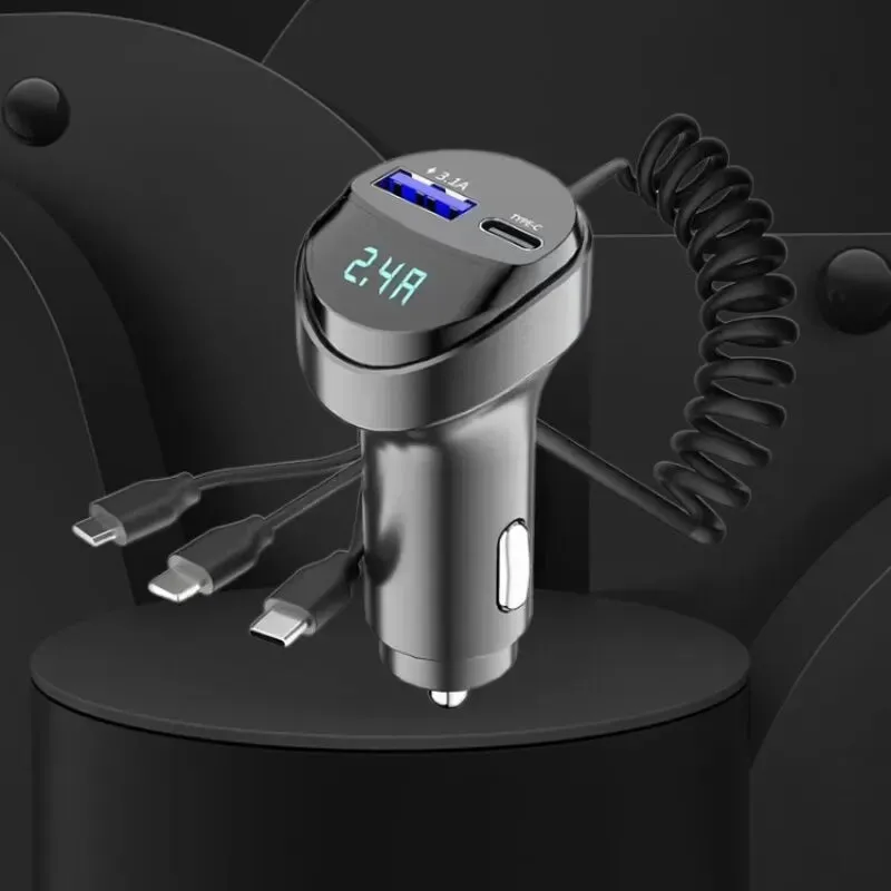 55W 2-Port USB Car Phone Charger 3.1A with Voltage Display Three-In-One USB Retractable Charging Cable