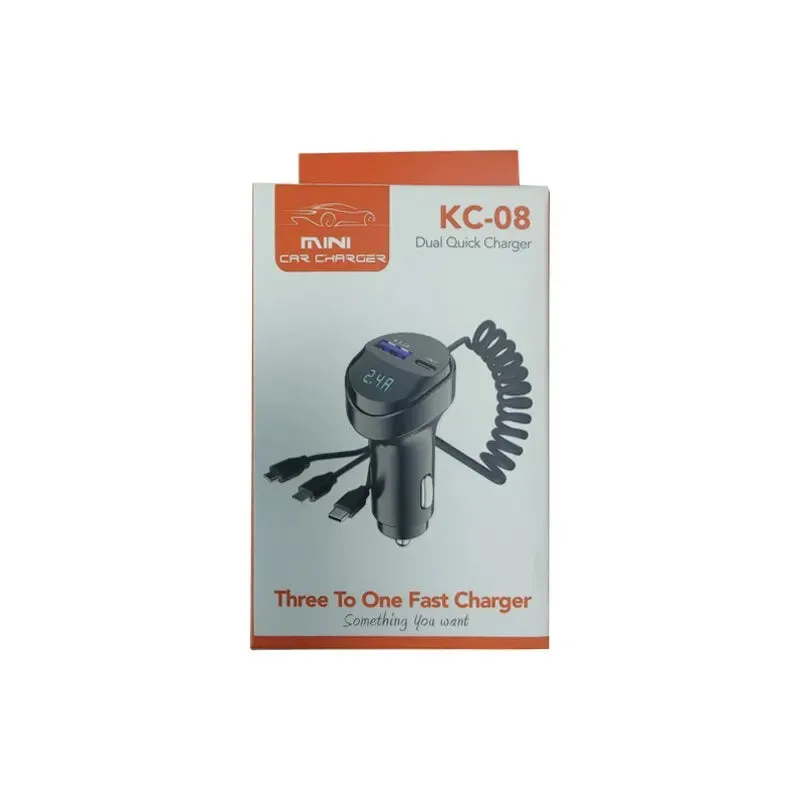 55W 2-Port USB Car Phone Charger 3.1A with Voltage Display Three-In-One USB Retractable Charging Cable