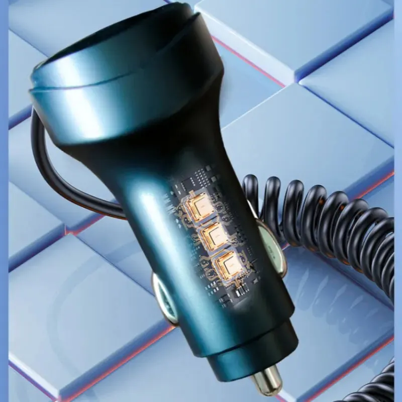55W 2-Port USB Car Phone Charger 3.1A with Voltage Display Three-In-One USB Retractable Charging Cable